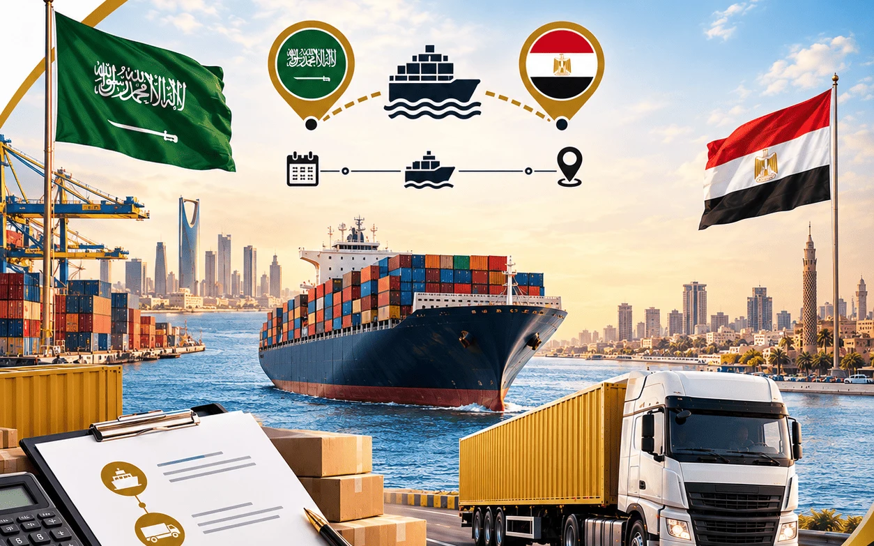 شحن بحري من السعودية لمصر بموعد إبحار محدد وتاريخ وصول متوقع للسخنة أو الإسكندرية